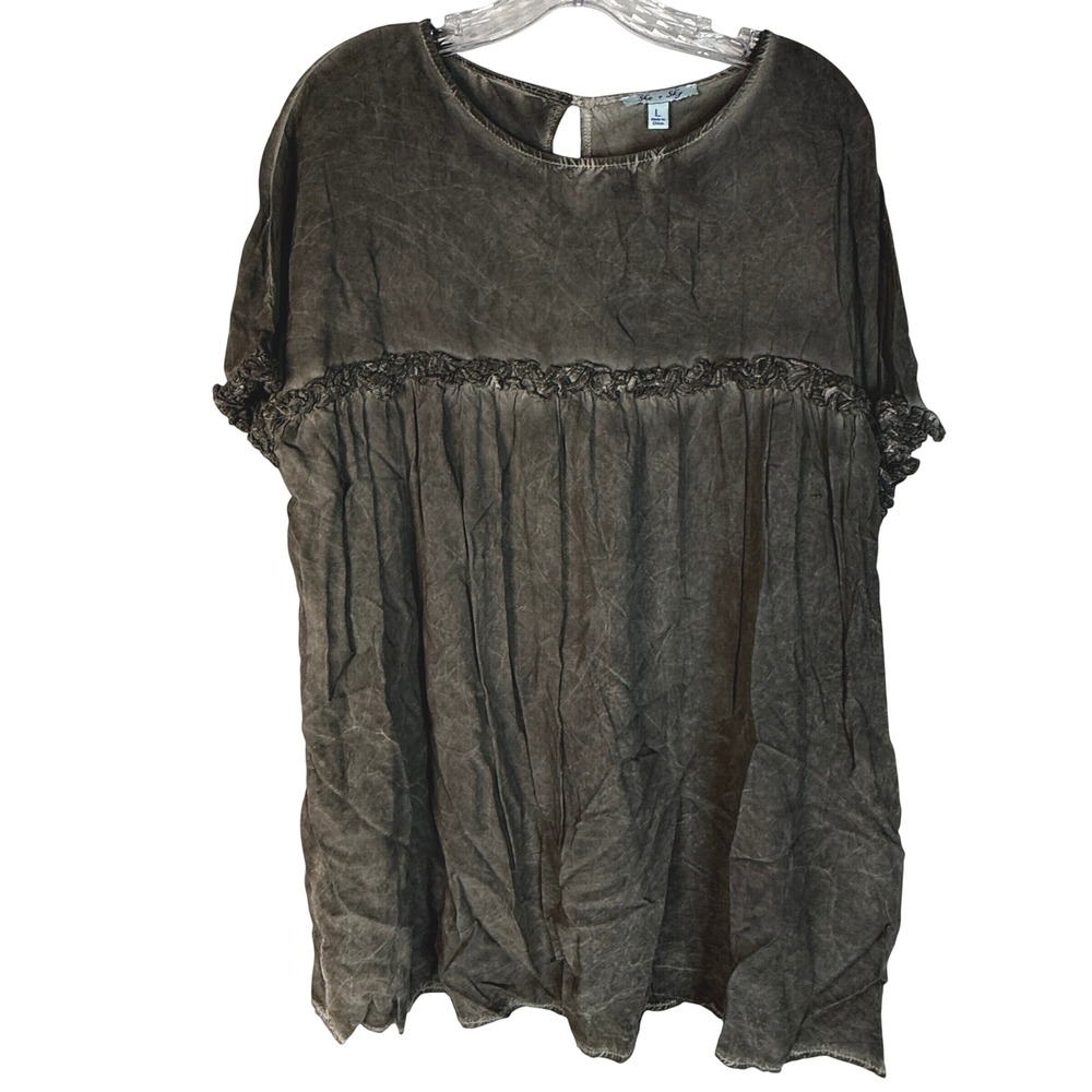 She + Sky Gray Washed Rayon Babydoll Tunic Top Women's L Boho crochet trim
